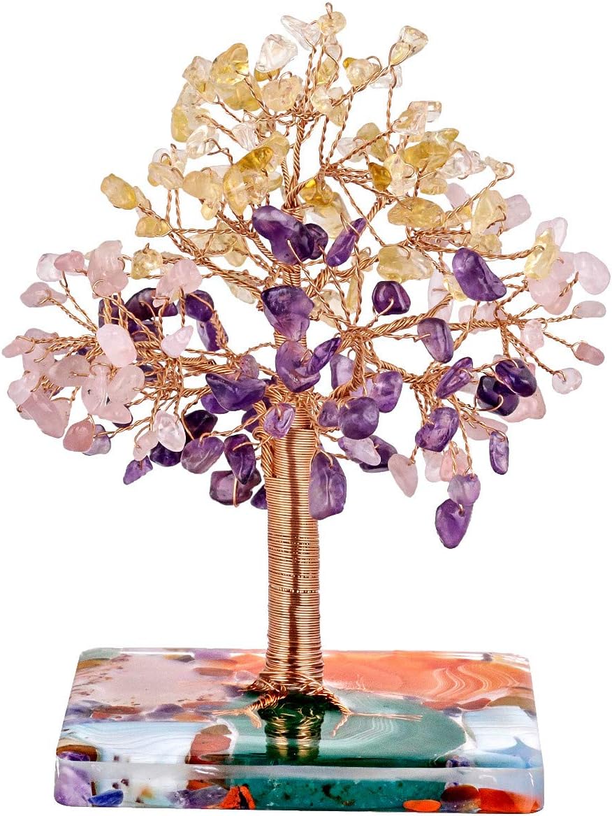 mookaitedecor Natural Citrine Rose Quartz Amethyst Healing Crystal Tree Decoration