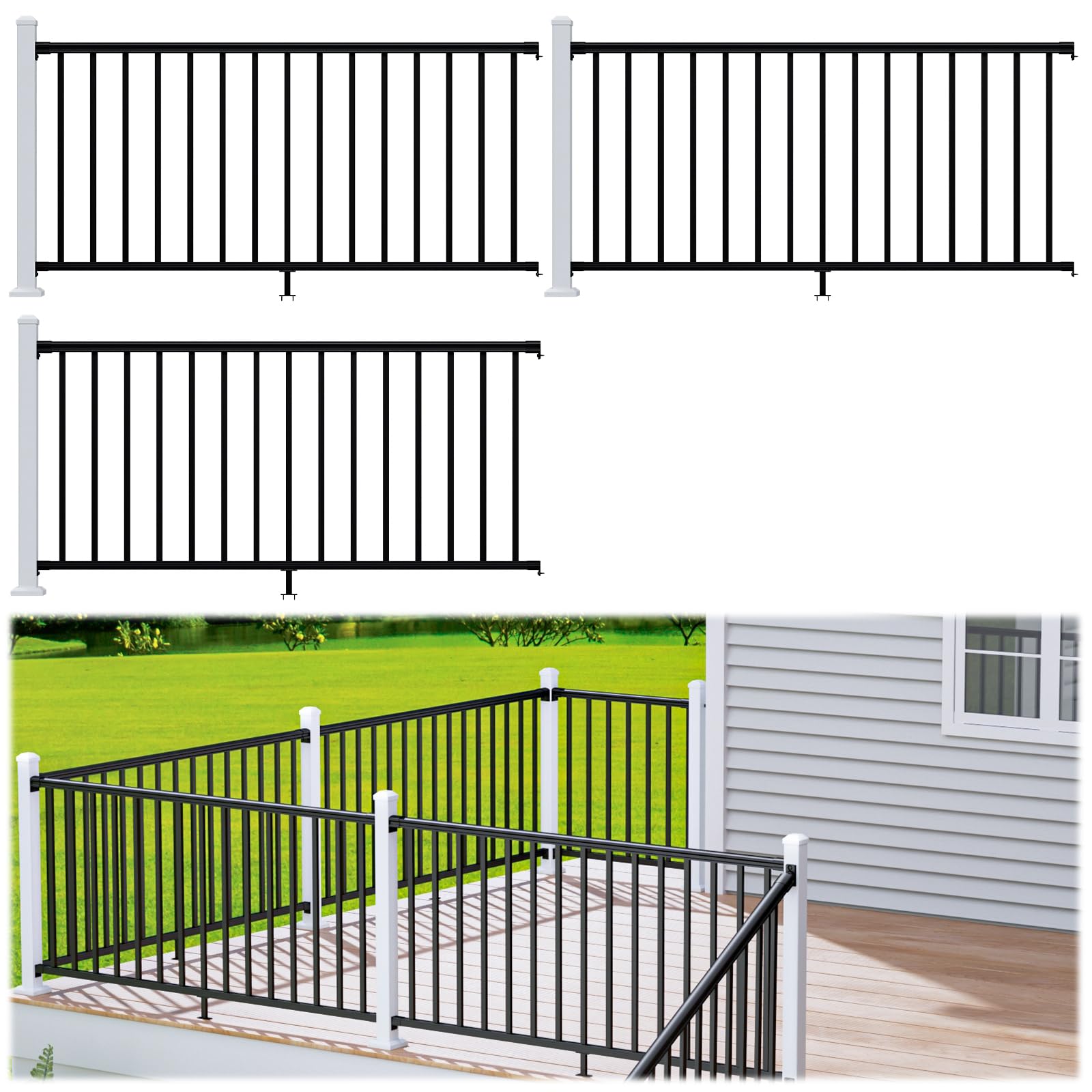 Photo 1 of Egadis 36 in x 12 ft Porch and Deck Railing Kit, Aluminum Railing Kit, Outdoor Textured Powder Coat Finish Rail System for Decks, Porches & Balconies (3 White Post, 3 Black Panel)