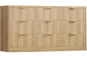 TEENFON Fluted Dresser for Bedroom with 9 Drawers, 63" Wide Modern Chest of Drawers with Metal Handle & Curved Profile Design, Wood Closet Clothes Storage Organizer for Living Room, Hallway, Natural