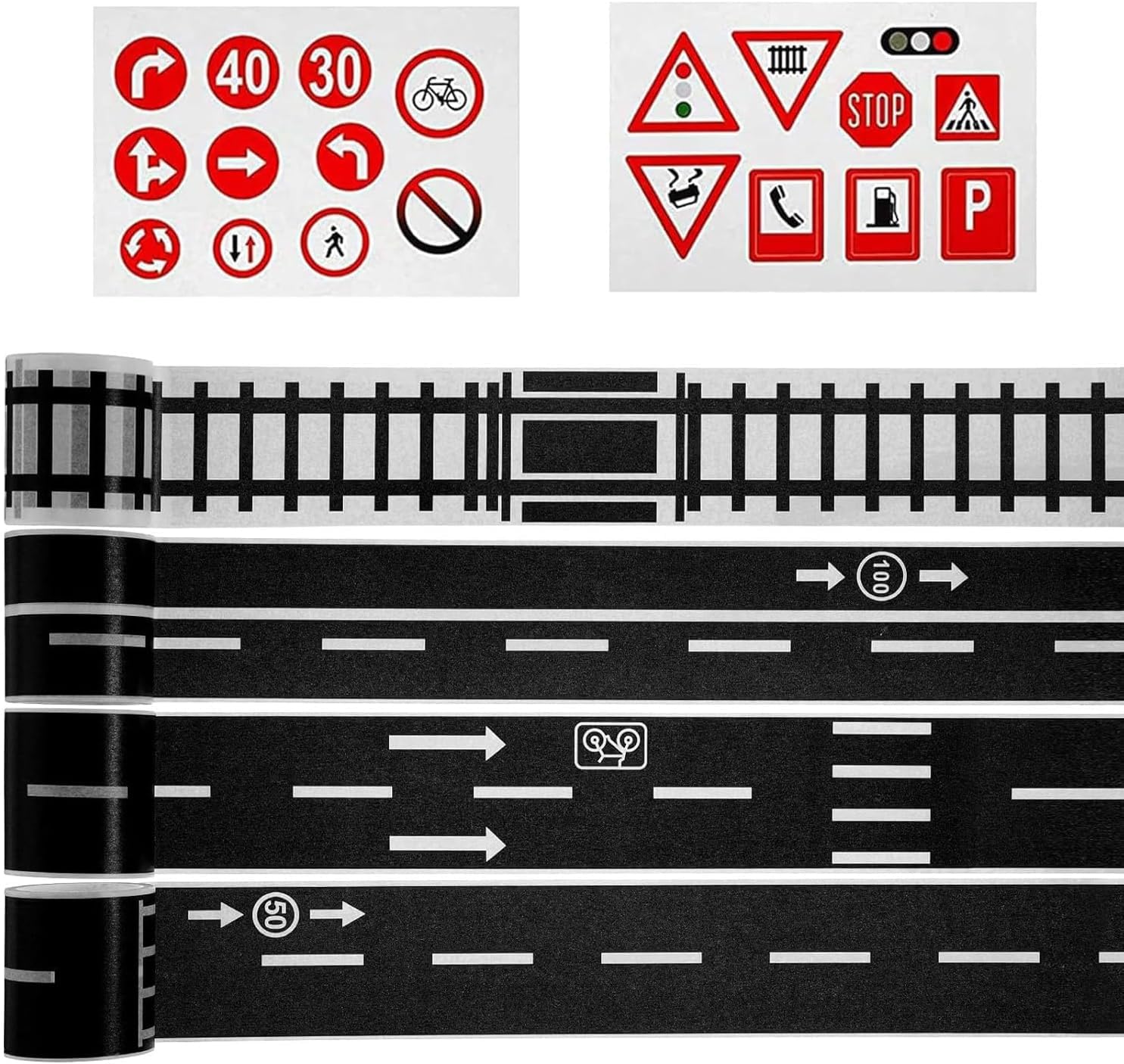Uskerb 6Pcs Removable Tape Stickers - Train Track Reusable and Easy to Apply, Perfect for Playroom, Cars, Trains, and More