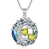 TOUPOP s925 Sterling Silver Family Celtic Tree of Life Pendant Necklaces with 2 Heart Birthstone with Blue Austrian Crystal Jewelry Birthday Valentines Day Gifts for Her, Anniversary Christmas Gifts for Wife Girlfriend Mom (18K Real White Gold Filled)
