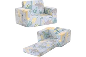 Tiita 2-in-1 Convertible Kids Couch to Lounger, Flip Out Toddler Armrest Bed, Folding Play Sofa for Girl or Boy, Grey Dinosau