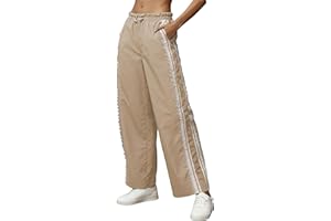 MINSURE Women Baggy Track Pants Lace Side Stripe Drawstring Elastic Waist Wide Leg Parachute Pants with Pockets