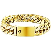 BIYONGDE Miami Cuban Link Chain Bangle Bracelet, Steel, Hip Hop Heavy, Spring Push Rectangle Box Clasp