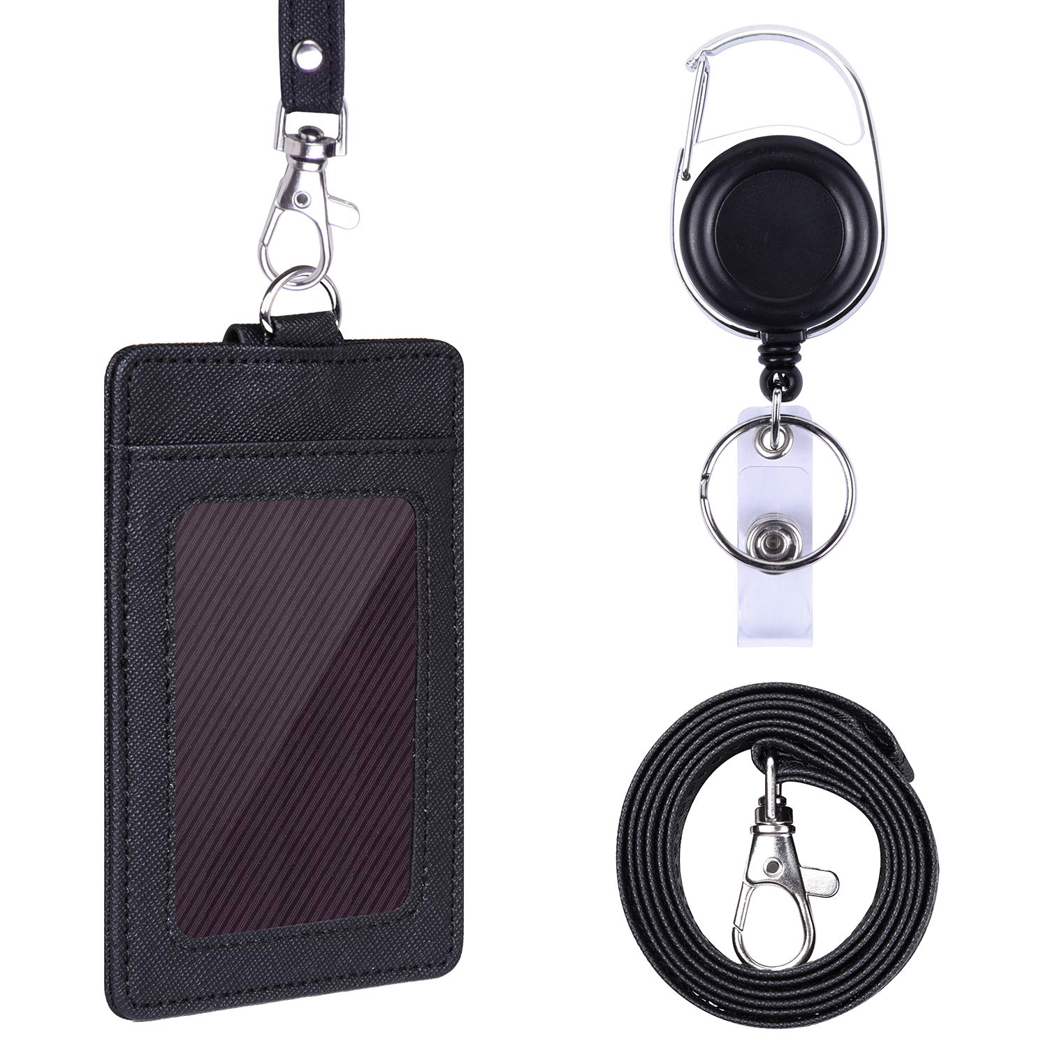 Wisdompro Badge Holder, 2-Sided PU Leather ID Badge Card Holder with 1 Clear ID Window and 2 Card Slots, 18.8 inch Neck Lanyard Strap and Carabiner Retractable Reel Clip - Black (Vertical)