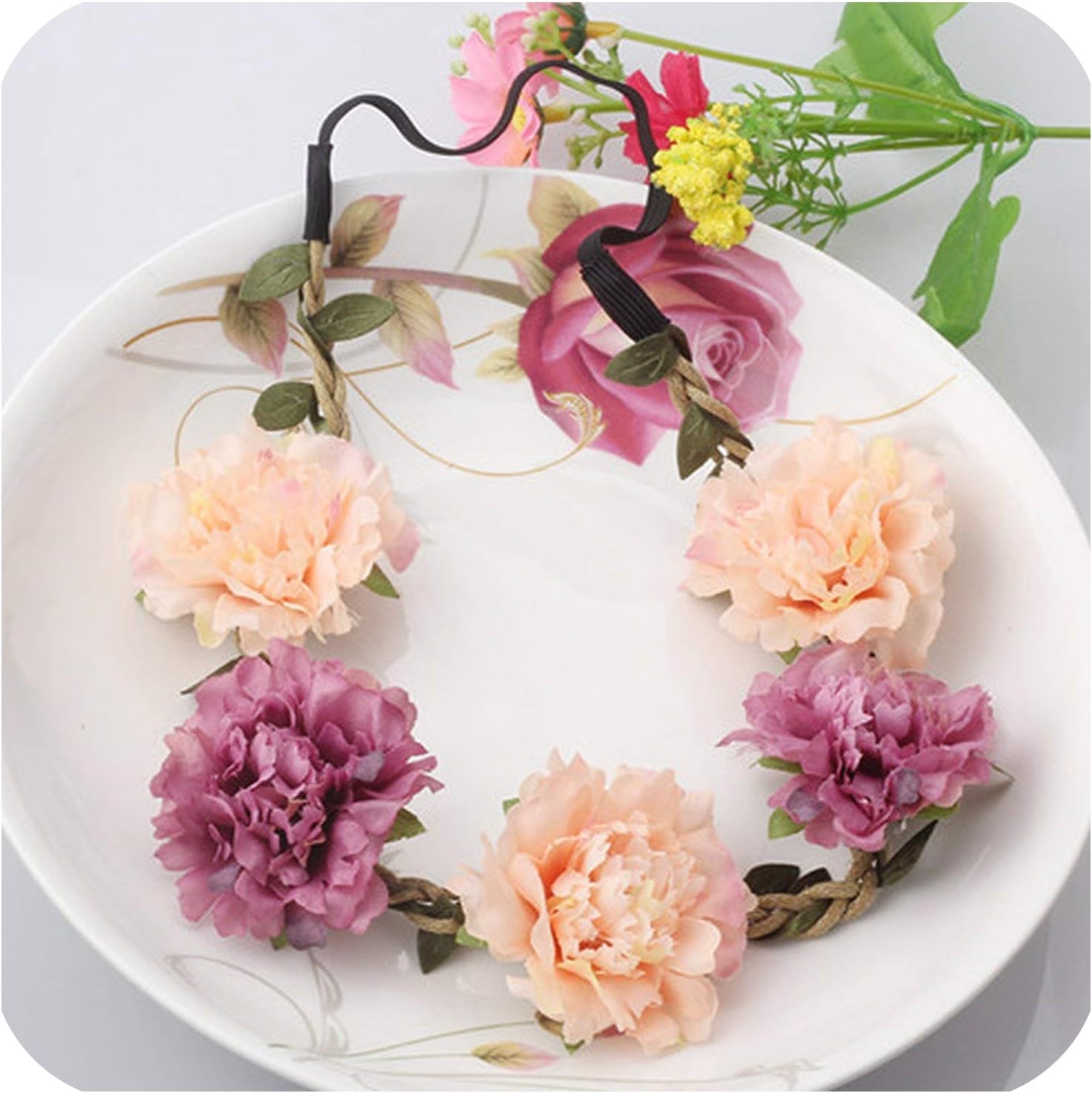 Girls Wedding Flower Wreath Headbands Peony Sakura Garland Elastic Rubber Hair Bands Accessories Delicate Boho Headwear,Color 6