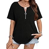 Cucuchy Style Women's Plus Size Tops Casual Zip Up V Neck Shirts Short Sleeve Button Blouses