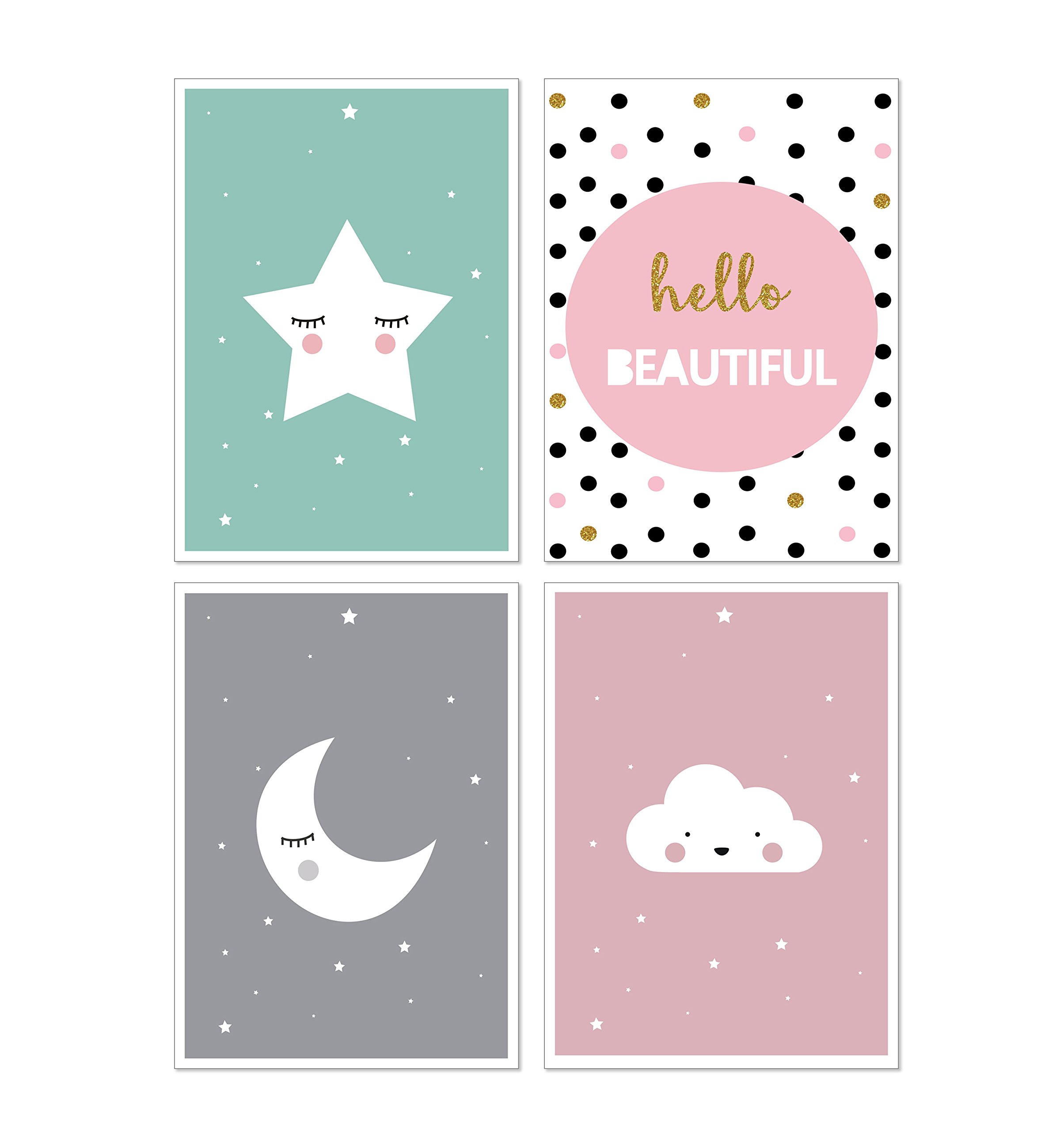 anber Cute Moon Star Cloud Wall Art Canvas Nordic Posters Nursery Prints for Baby Room Painting Picture Kids Bedroom Decoration, Set of 4 Unframed