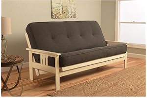 HomeStock Timeless Tradition Full Size Futon Frame Set in Antique White Finish with Mattress, Easily Converts to Bed, 33" H x 79" L x 37" D Linen Charcoal/Without Storage Drawers