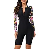 Halcurt Women's Boyleg One Piece Rash Guard with Built in Bra Zip Front UPF50+ Long Sleeve Full Body Surfing Swimsuit