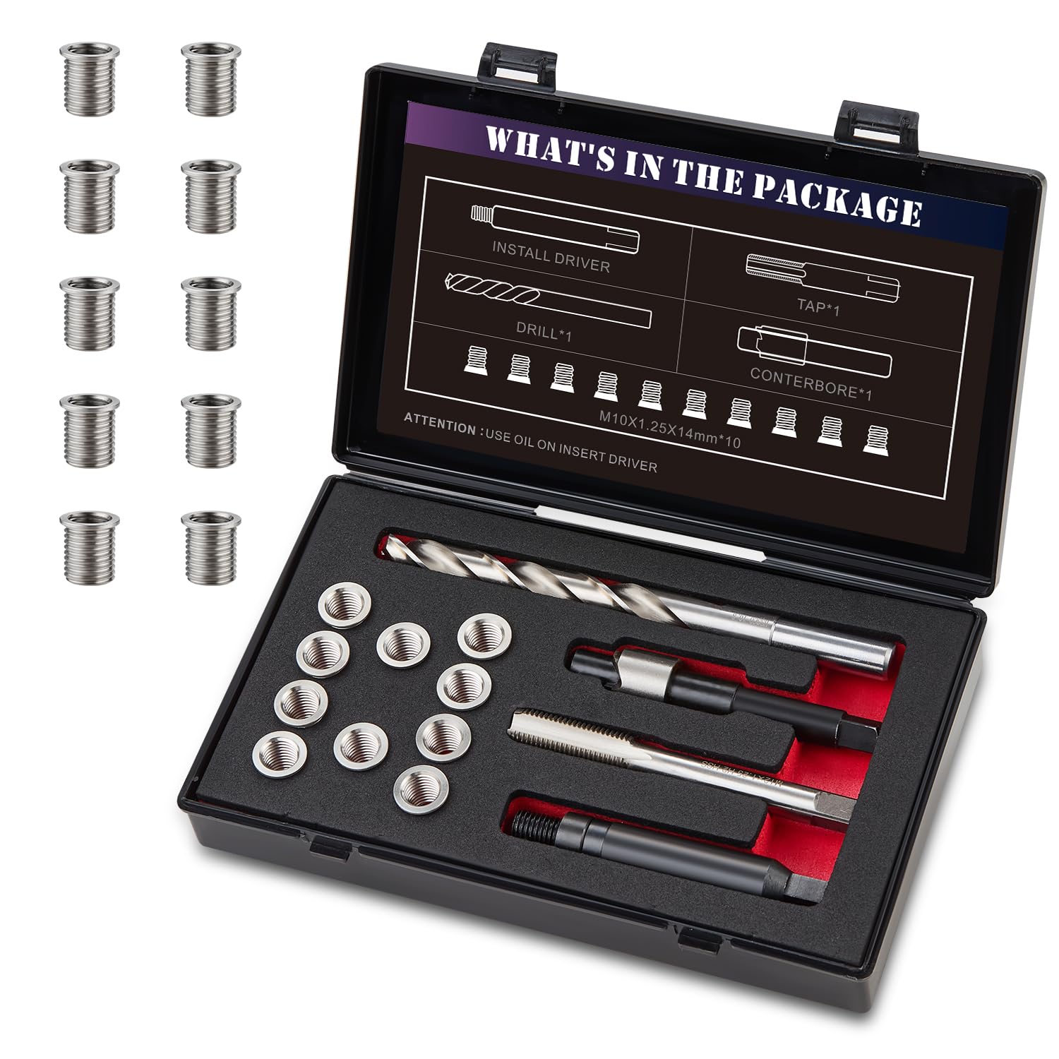 Photo 1 of SENNMONN M10X1.25 Thread Repair Kit with 14mm Insert HSS Drill, Tap, Counterbore,Installation Driver,Stainless Steel Insert M10*1.25 * 14mm *10PCS