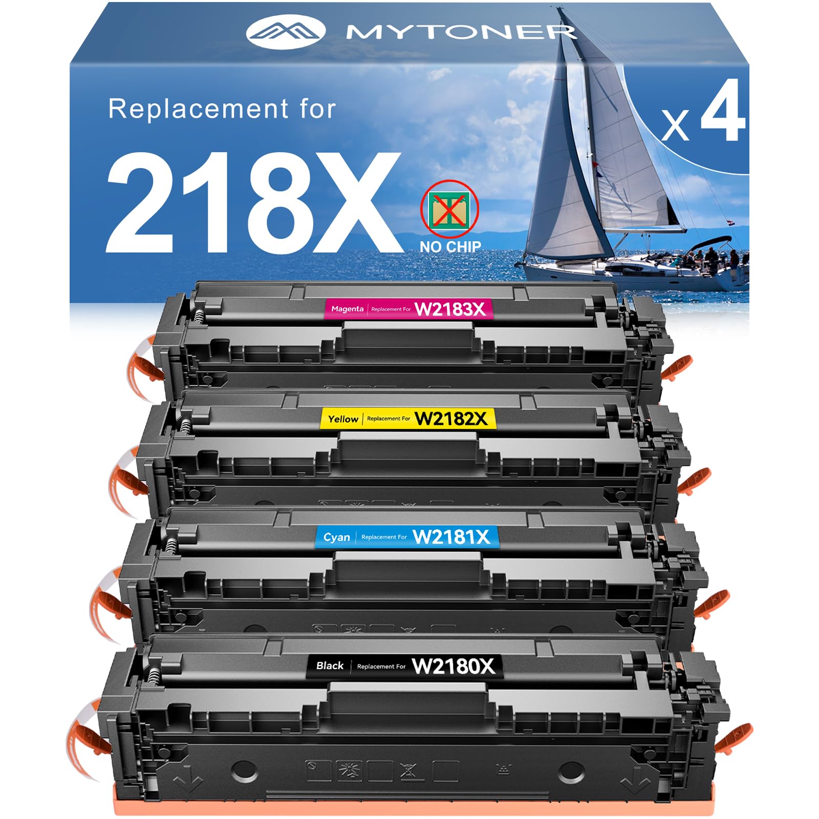 Photo 1 of MYTONER Compatible Toner Cartridges (NO CHIP) Replacement for HP 218X W2180X 218A W2180A 4 Packs for Color MFP 3301fdw 3301cdw 3301sdw Pro 3201dw Printer High Yield Ink B/C/M/Y