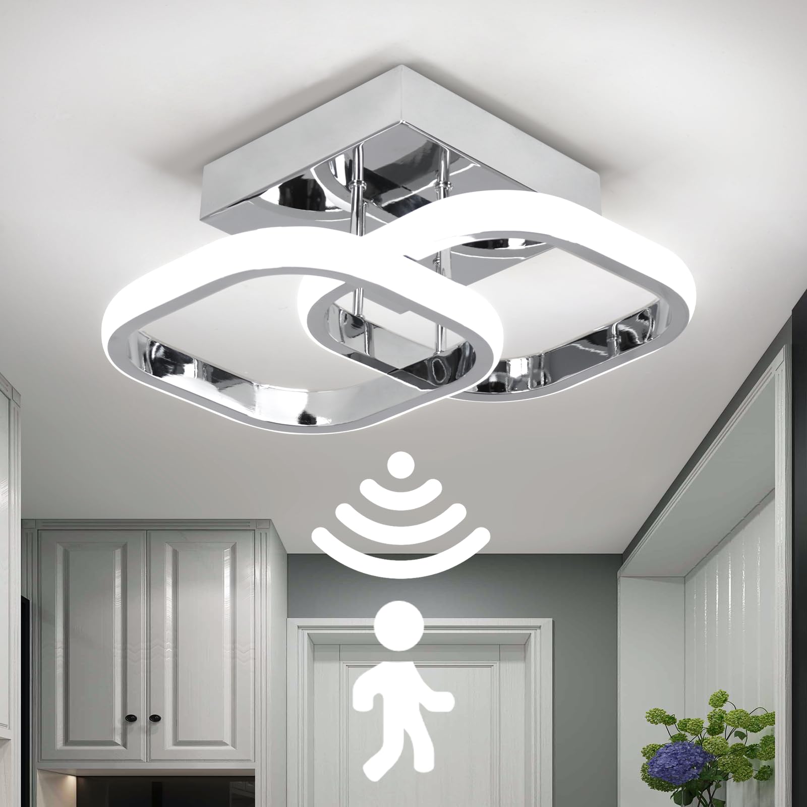 EIDEARAY LED Motion Sensor Ceiling Light Indoor, 22W Cold White 6000K Ceiling Light, Square Design Sensor Light,24 * 20 * 9CM，Suitable for Garages, Hallway, Aisle, Porch, Corridor，Entrance (Silver) — image 1
