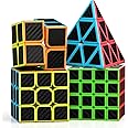 Roxenda Speed Cube Set, Speed Cube Bundle of 2x2 3x3 4x4 and Pyramid Cube Smoothly Magic Cubes Collection for Kids Teens & Adults [4 Pack] (Carbon Fiber)