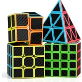 Speed Cube Set of 2x2 3x3 4x4 Pyramid Cube (4 Pack Carbon Fiber) | Friendly ABS Material, Puzzle Cube Bundle, Smooth Turning, Enhance Your STEM Skills, For Kids Teens &amp; Adults