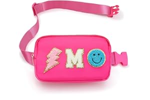 PAINZIETEG Fanny Pack for Girls Crossbody Bag, Preppy Nylon Kids Belt Bag for Birthday Christmas Graduation Personalized Gifts, Pink Chenille M Letter for Women Teen Girls Fanny Pack