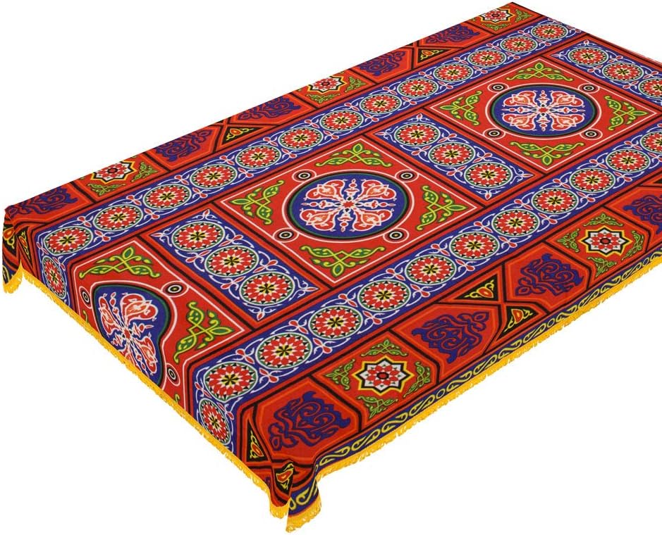CraftiEgypt Egyptian Ramadan Decorations Colorful Red Printed Khayamiya Cotton Linen Tablecloth Cover Top Rectangle 70 Inches 178 cm