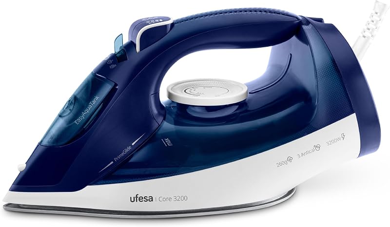Ferro a vapor Core 3200W, Steam Shot 260g, Vapor Contínuo 50g/min, Sola Cerâmica, Sistema Anti-cal 3 em 1, À prova de gotejamento, Tanque de 350ml, Cabo de 1,9m, Azul