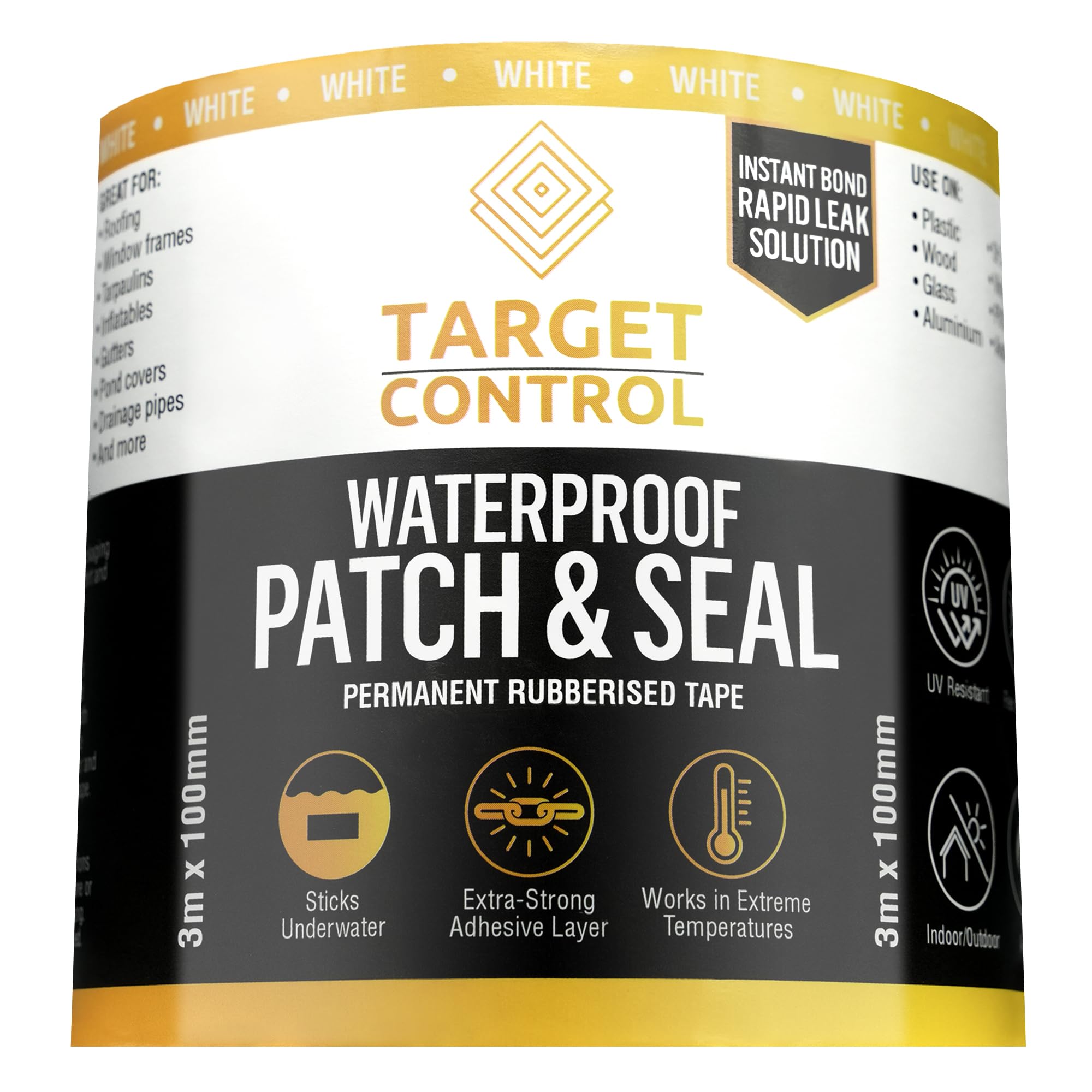 Target Control Waterproof Leak Tape | White, 3M X 100MM | Butyl Tape, Caravan Seal & Patch Repair, Gutter Repair Tape, White Butyl Waterproof Fix