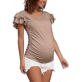 Bhome Maternity Summer Ruffle Tops,Casual Frilled V-Neck Short Sleeve Fitted Blouse Shirts Trendy for Women