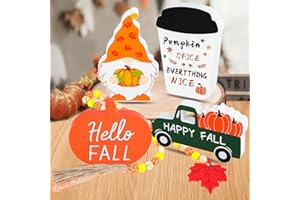 JENFALL 5Pcs Fall Decor Fall Decorations for Home Fall Tiered Tray Decor Pumpkin Truck Gnome Coffee Cup Sign Wood Bead Garland Fall Table Decor for Autumn Harvest Thanksgiving Decor