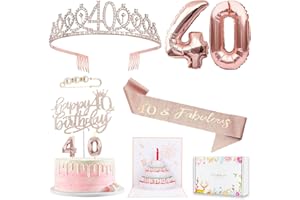 AWFRKY 40th Birthday Gifts Decorations for Women, Including 40th Happy Birthday Cake Toppers, Birthday Queen Sash with Pearl Pin, Sweet Rhinestone Tiara Crown, Number Candles and Balloons Set
