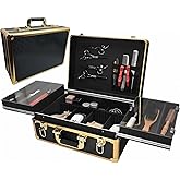 QIPOKAN Barber Cases for Clippers and Supplies With Sliding Tray, Profesional Barbers Briefcase Tool Case, Hair Scissors Trimmer Organizer, Salon Barber Carrying Case with Lock(Gold)