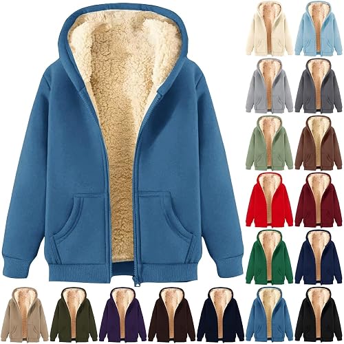 AMDOLE Fleece Jacket Women Women's Teddy Fleece Hoodie Winter Coat Sherpa Lined Jackets Full Zip Hoodie Teddy Bear Coats Ladies Tops Sweater Outwear Winter Clothes Blue XXL