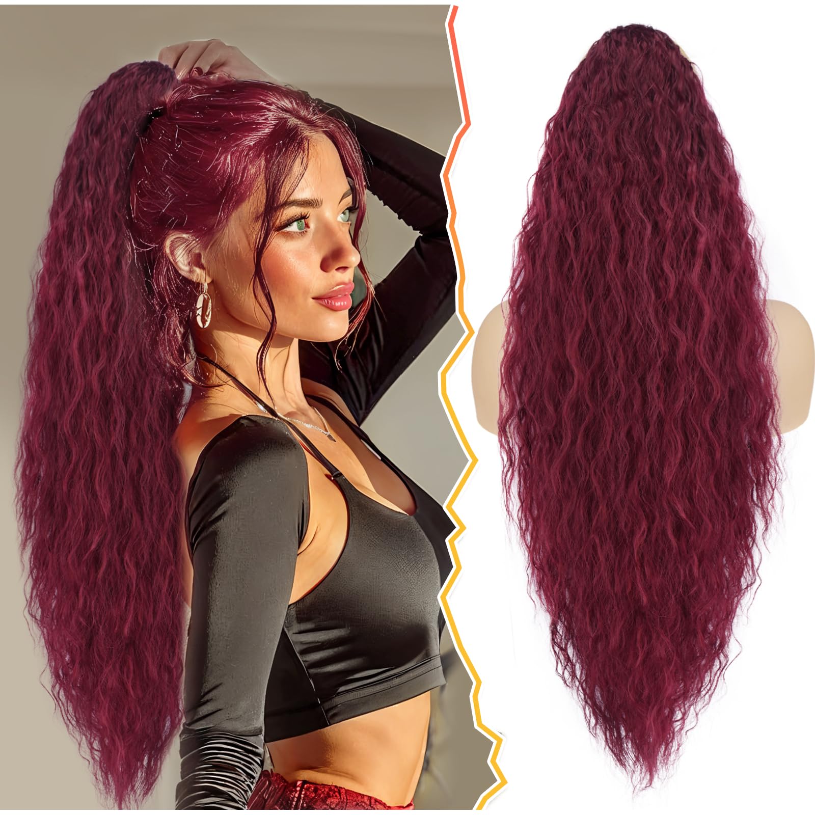 Photo 1 of BARSDAR Burgundy Long Curly Drawstring Ponytail Extensions – 30 Inch Red Comb Clip Ponytails Hairpieces for Women – Fluffy Natural Looking Curly Wavy Synthetic Bohemian Ponytail Extensions