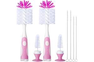 CAREBABYMORE 2 Pack Baby Bottle Brush with 4 Pack Straw Brushes, 10.2" Nylon Brushe with Nipple Cleaner and Stand Suction Cup, Pink