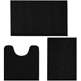 TREETONE Bathroom Rugs Sets, Thick Soft Absorbent 3 Piece Chenille Bath Rugs, Non-Slip, Dry Quickly, Machine Washable, Shaggy Mats with U-Shaped Toilet Rug for Bathroom Floor, Tub and Shower, Black
