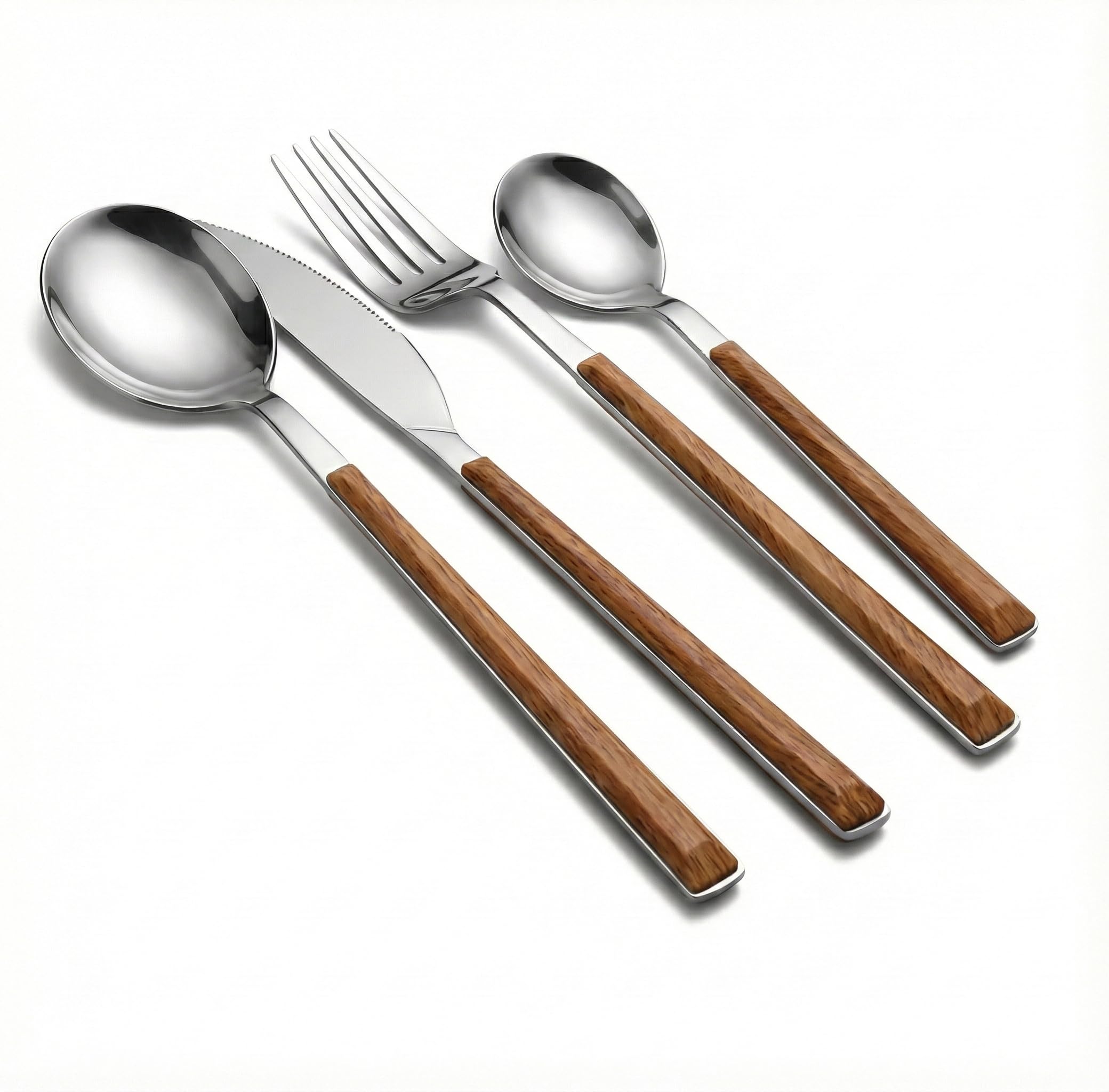 16-Piece Wood Grain Effect Cutlery Set, Stainless Steel Flatware with Premium ABS Handles, Stylish Tableware by BWD