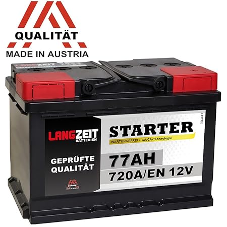 LANGZEIT Autobatterie 12V 77AH 720A/EN +30% mehr Leistung ersetzt 70Ah 72Ah 74Ah 75Ah Starter Batterie