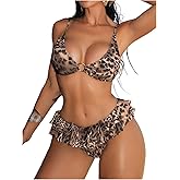 SweatyRocks Women's 2 Piece Leopard Print Bikini Set Ruffled Ring Linked Bathing Suits Swimsuit