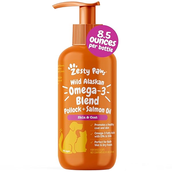 ZESTY PAWS WILD ALASKAN OMEGA-3 BLEND POLLOCK + SALMON OIL FOR DOGS AND CATS- SKIN AND COAT SUPPORT, OMEGA 3 SUPPLEMENT FOR PETS, 8.5OZ