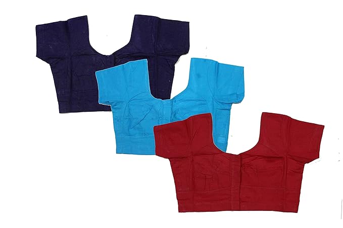 DITI'S Round neck readymade short sleeve non padded cotton ready to wear regular saree blouse (navy blue,sky blue,reddish brown) (pack of 3)