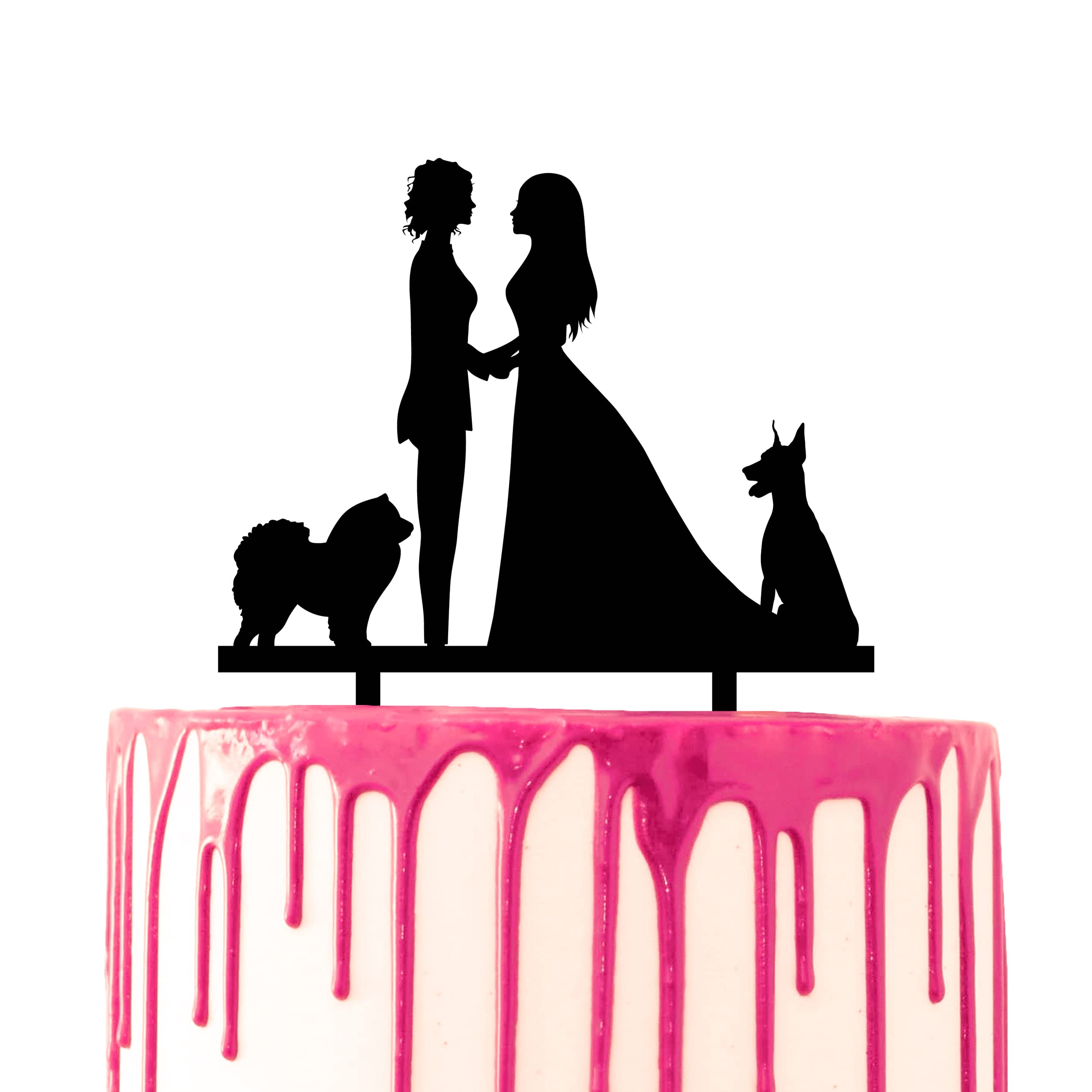 CARISPIBET wedding cake topper brides look at each other holding hands with two pet dogs at their sides