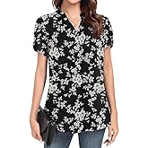 DILIUXING Women's Dressy Chiffon Blouses Summer V Neck Short Sleeve Casual Tunic Tops for Leggings Casual T-Shirts