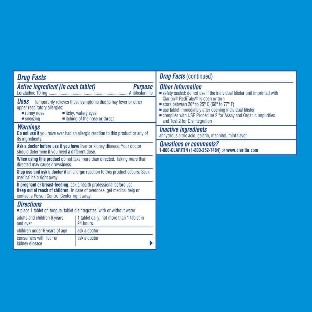Claritin RediTabs 24 Hour Allergy Medicine, Non-Drowsy Prescription Strength Allergy Relief, Loratadine Antihistamine Tablets, 30 Count: Health & Personal Care