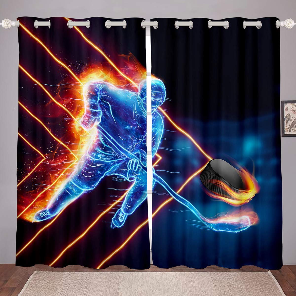 Loussiesd Ice Hockey Curtains Hockey Player Window Drapes for Kids Adult Sports Event Window Treatments Winter Sports Hobby Window Curtain Room W46*L54