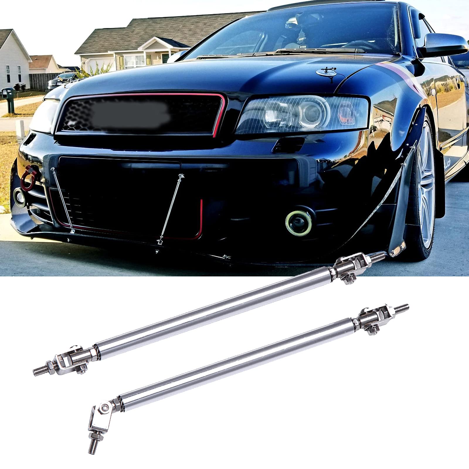 Rich Choices Adjustable 10"-13" Front Bumper Lip Splitter Diffuser Strut Rod Tie Bars Fit Most Vehicles,Chrome