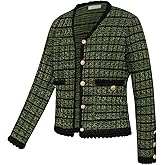 Belle Poque Women Cardigan Sweaters Tweed Pattern Jacket V Neck Sweater Blazer with Button for Fall Winter Spring