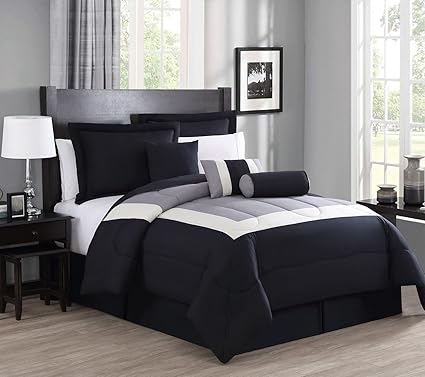 Amazon Com Kinglinen 7 Piece Queen Rosslyn Black Taupe Comforter