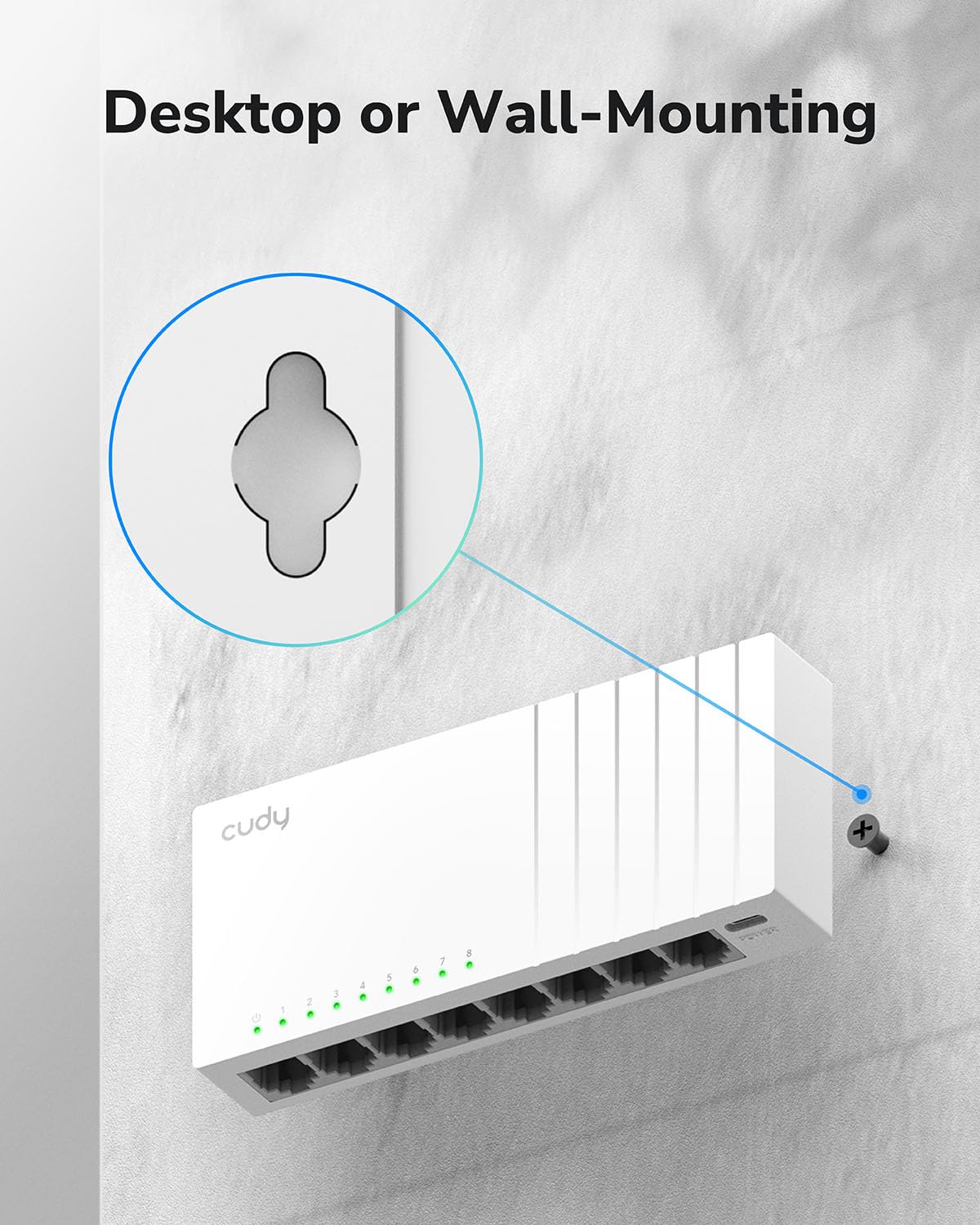 Cudy GS108U 8 Port Gigabit Ethernet Switch mit USB-C Power Jack Desktop Ethernet Splitter Kunststoffgehäuse ungeschirmter Schalter Plug & Play Fanless Unmanaged 8