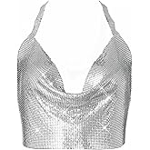 Women’s Sexy Metallic Sequins Halter Crop Top Deep V Neck Backless Vest Shirt Clubwear Rave Outfit（Sliver）