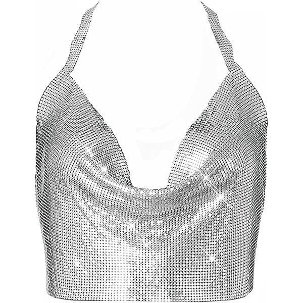 Sexy Halter Neck Rhinestone Crop Top for Women Deep V Adjustable