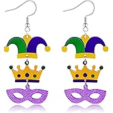 MardiGras Dangle Earrings for Women Colorful Glitter Crown Jester's Hat Mask Tassel Earrings MardiGras Jewelry for Women Carnival Mask Earring Outfits Accessories for Women