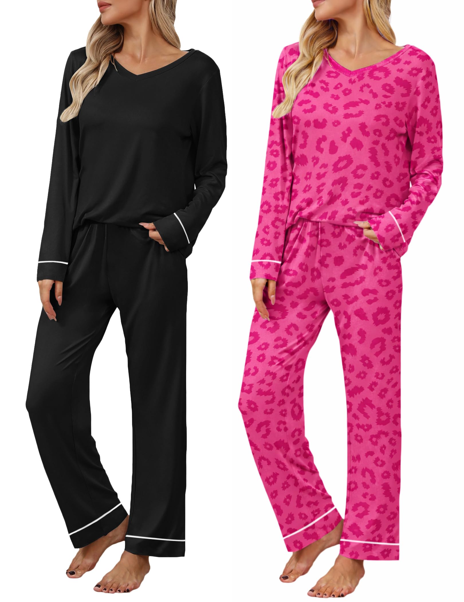 Ekouaer Womens 2 Pack Pajama Set Long Sleeve Pajamas Top and Pants V Neck Pjs Set Soft Loungewear with Pockets Image