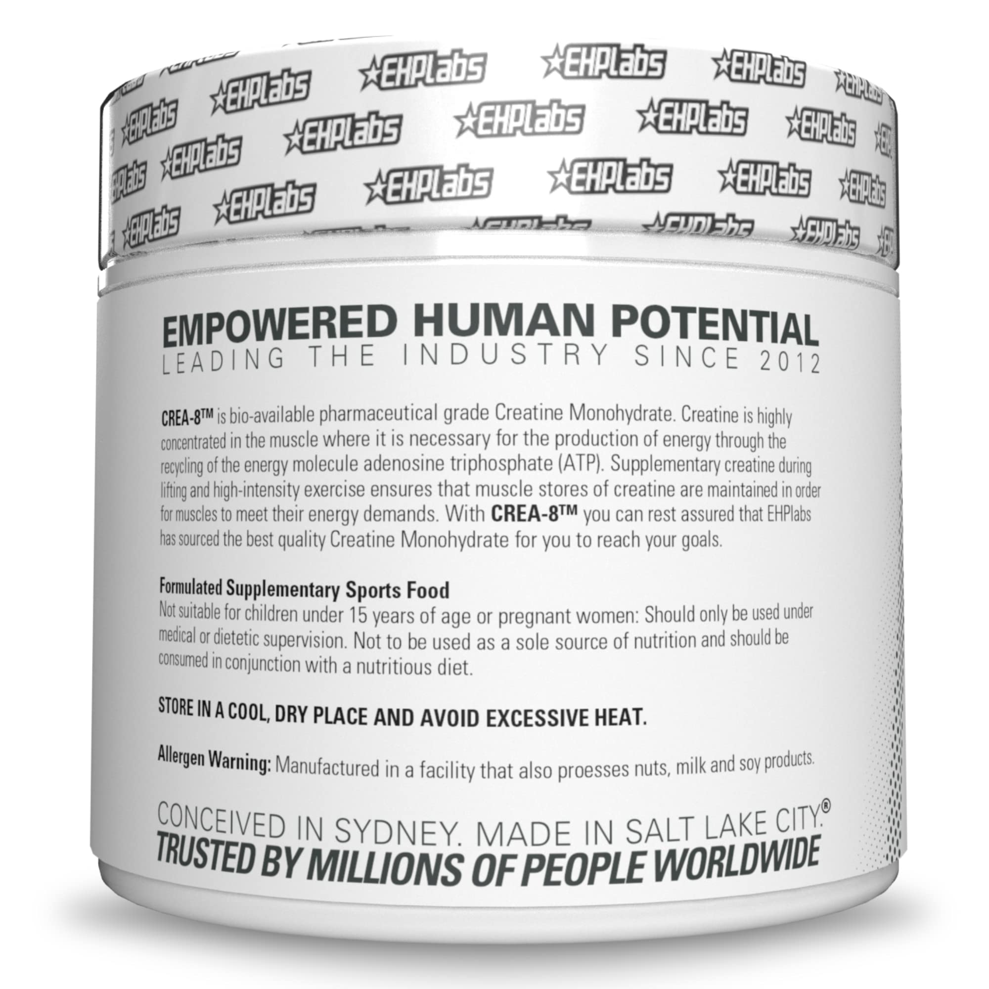 EHP Labs CREA-8 Creatine Monohydrate Powder - Unflavored Creatine Powder for Muscle Growth, Increased Strength, Enhanced Energy Output and Improved Performance - 100 Servings (500g)
