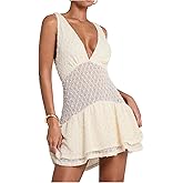 SOLY HUX Women's Summer Crochet Knit Mini Dress Deep V Neck Sleeveless Ruffle Layered A Line Vacation Party Dresses